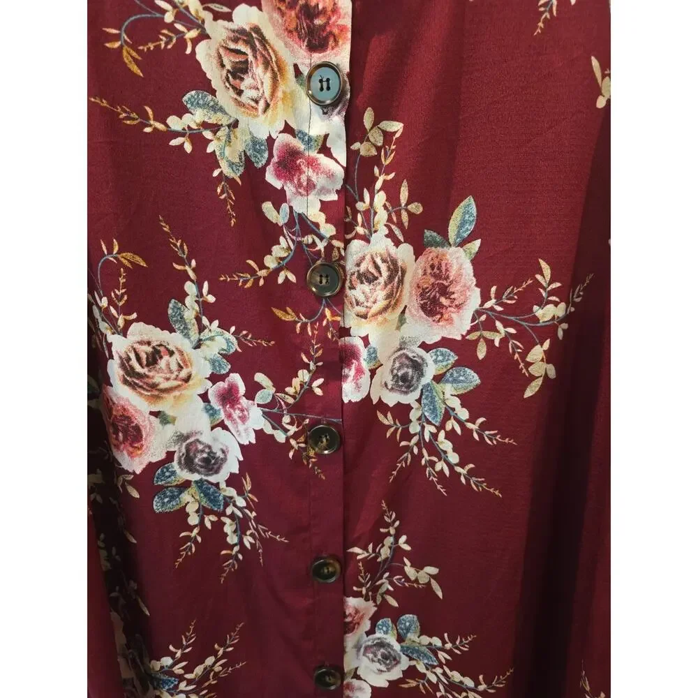 Burgundy Floral Dress Long Sleeve Mandarin Collar Sz 14 Cottagecore Lagenlook